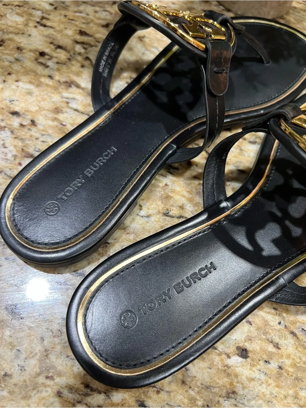 Tory Burch Miller Metal Black Leather Sandals with Gold Logo 9M